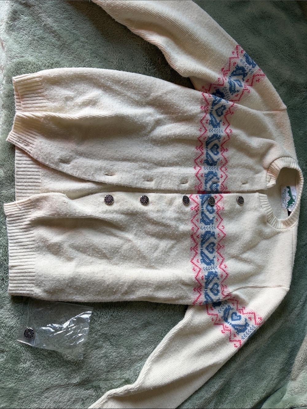 Woolrich Ivory Fair Isle Button-Up Cardigan with Blue & Pink Accents